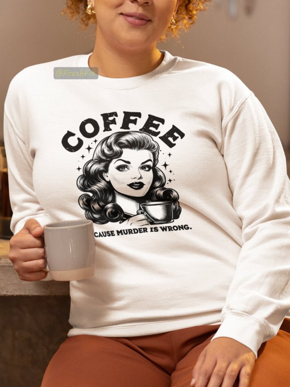 🆕Coffee Because Murder is Wrong Fleece Crew Sweatshirt White